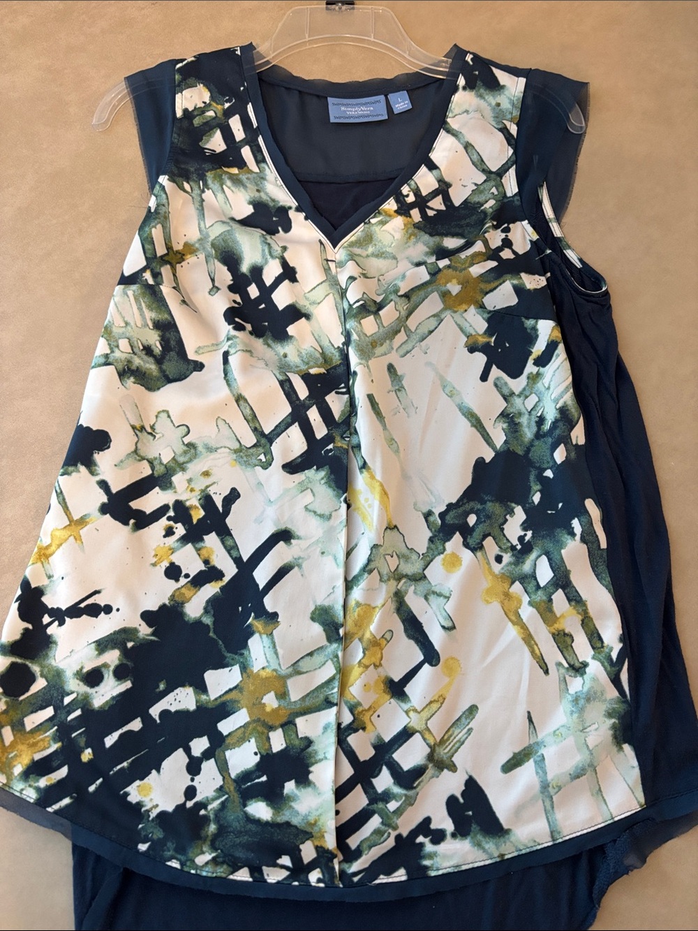 Simply Vera Vera Wang Abstract Watercolor V-Neck Shell - Navy, White & Olive